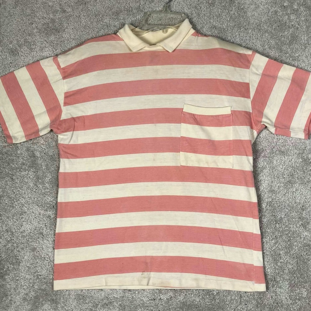 Vintage 80s Pink Cream Striped Short Sleeve Polo Shirt Pocket Made in USA 90s